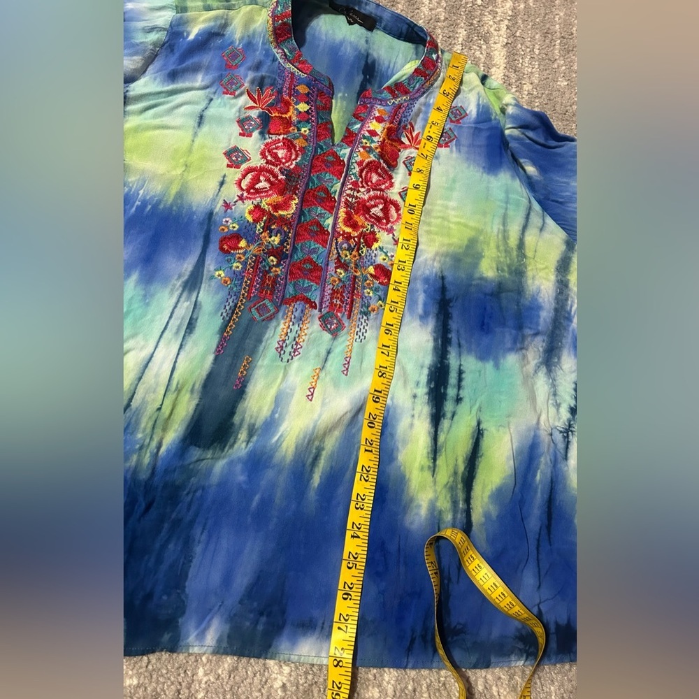 Calessa Embroidered Tunic Top Size 2X Colorful Tie Dye Bohemian Peasant Rayon - Picture 7 of 8